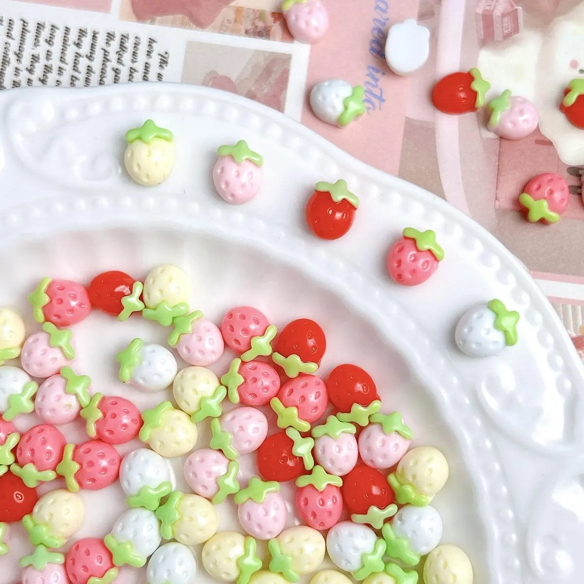 30PCS Macaron Colored Adorable Strawberry Nail Charms Creative Simulated Small Strawberry Resin Nail Art Decorations DIY Nails