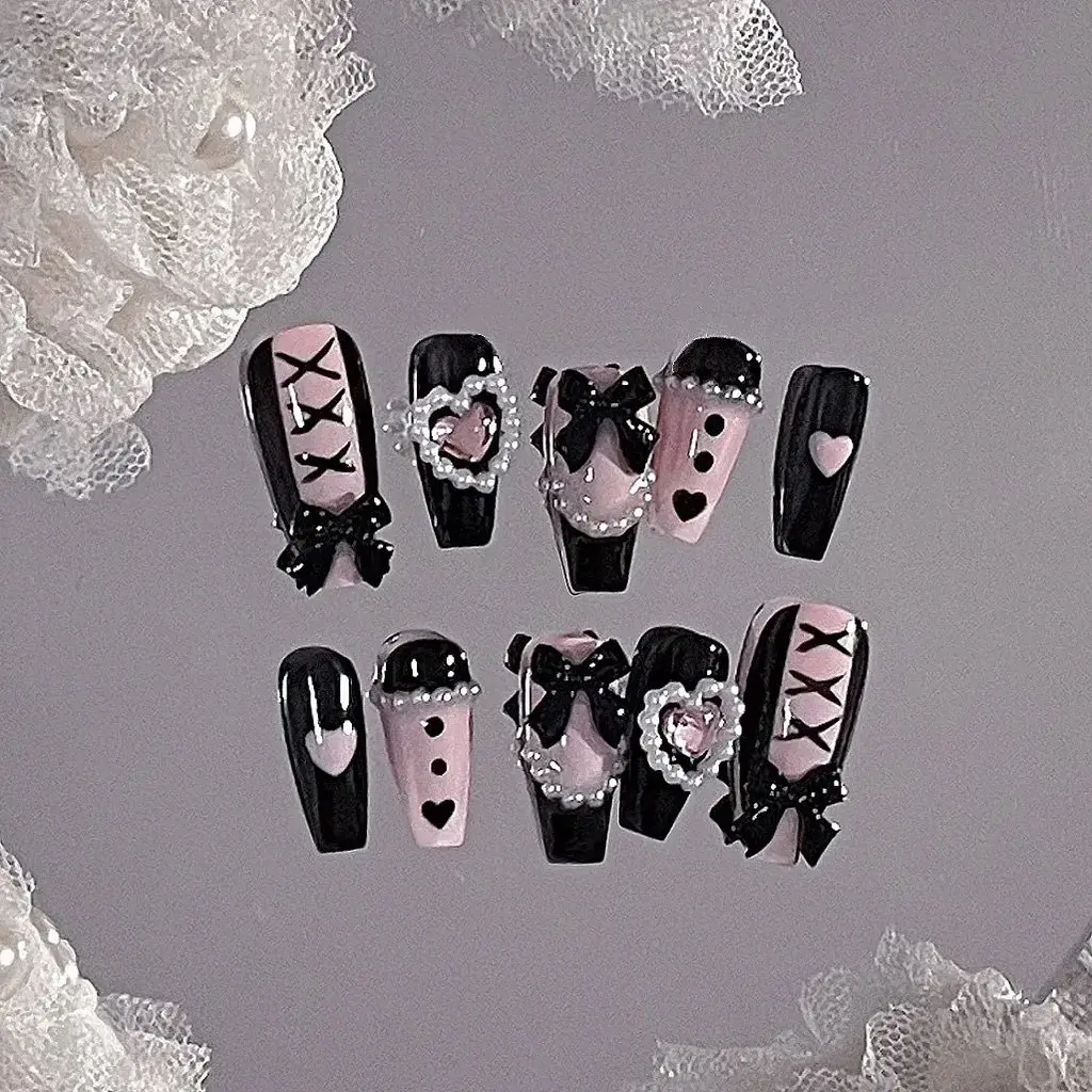 Sweet Cool Style Babes Lace Bow Nail Patch Handmade Fake Nails Stickers Wearing Nail Piece Finished Product Detachable