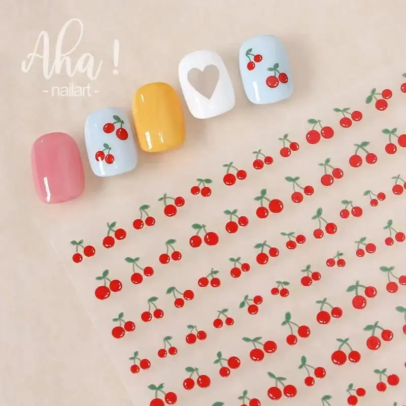 1sheet 3D Sweet Cherry Fruit Nail Art Stickers Summer Peach/Lemon/Star/Moon Nail Decals 8*10cm Adhesive Red Cherry Nail Decor %$