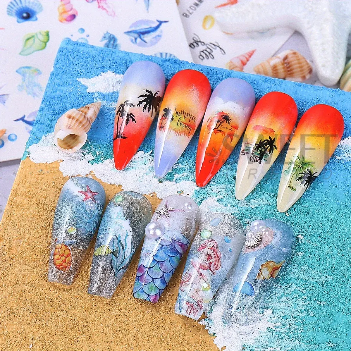 24pcs Marine Life Water Transfer Nail Stickers Mermaid Conch Starfish Jellyfish Seashell Design Summer Ocean Manicure Decor Tips