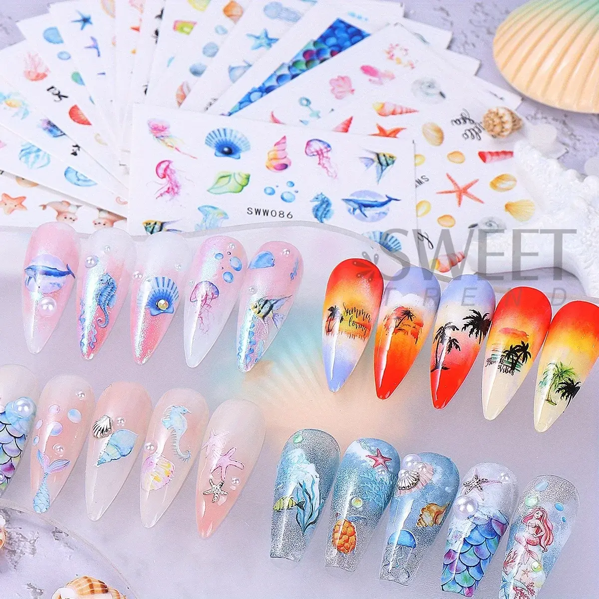 24pcs Marine Life Water Transfer Nail Stickers Mermaid Conch Starfish Jellyfish Seashell Design Summer Ocean Manicure Decor Tips