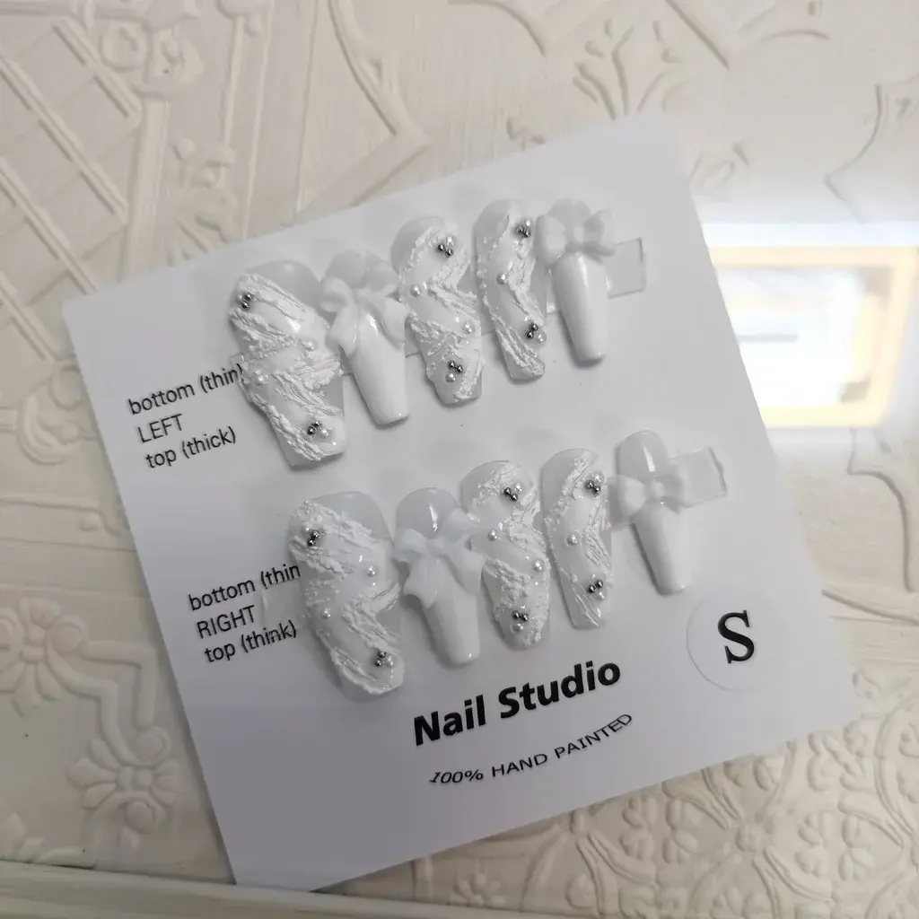 Ribbon Pearl Handmade Wearable Nail Elegant White Swan Hand-painted Embossed Nail Art White Wearable False Nails Students Gift