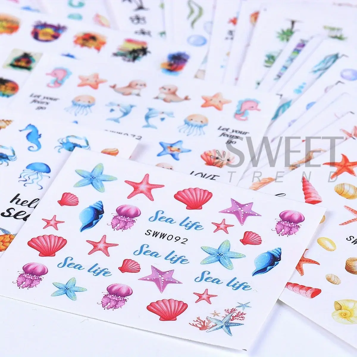 24pcs Marine Life Water Transfer Nail Stickers Mermaid Conch Starfish Jellyfish Seashell Design Summer Ocean Manicure Decor Tips