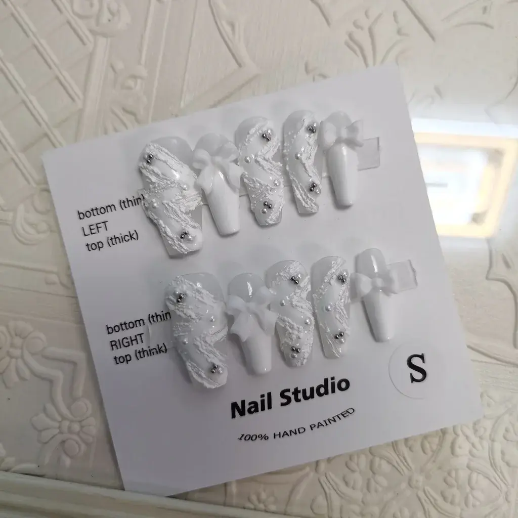 Ribbon Pearl Handmade Wearable Nail Elegant White Swan Hand-painted Embossed Nail Art White Wearable False Nails Students Gift