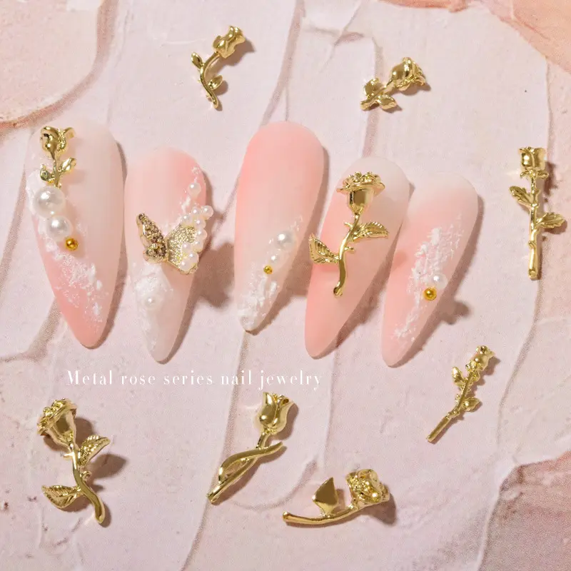 10Pcs 3D Rose Nail Art Ornament DIY Craft For Acrylic Nail Decoration Gold/Silver 7 Unique Shapes Flower DIY Charms Jewelry