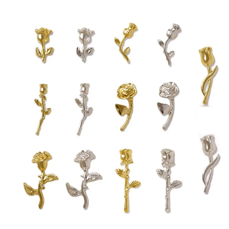 10Pcs 3D Rose Nail Art Ornament DIY Craft For Acrylic Nail Decoration Gold/Silver 7 Unique Shapes Flower DIY Charms Jewelry