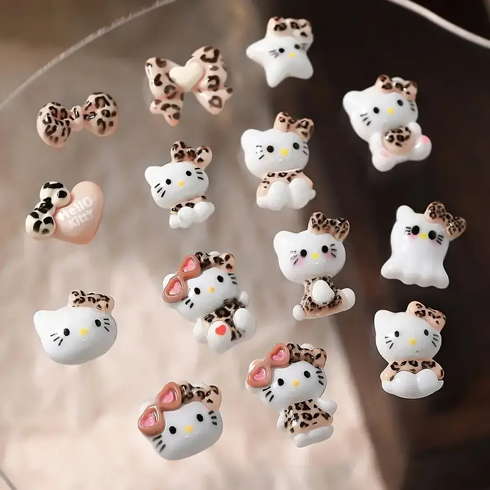 50pcs/pack Cartoon Leopard Print Nail Art Decoration DIY Resin Nail Jewelry Hello Kitties Bow Manicure Accessories Nail Parts