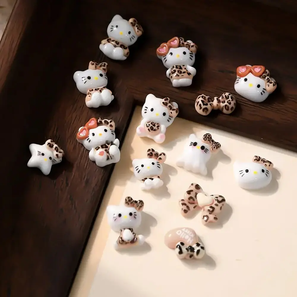 50pcs/pack Cartoon Leopard Print Nail Art Decoration DIY Resin Nail Jewelry Hello Kitties Bow Manicure Accessories Nail Parts