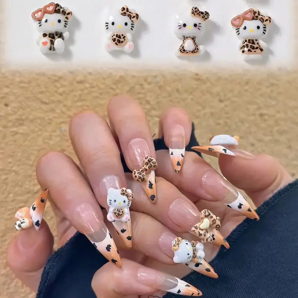 50pcs/pack Cartoon Leopard Print Nail Art Decoration DIY Resin Nail Jewelry Hello Kitties Bow Manicure Accessories Nail Parts