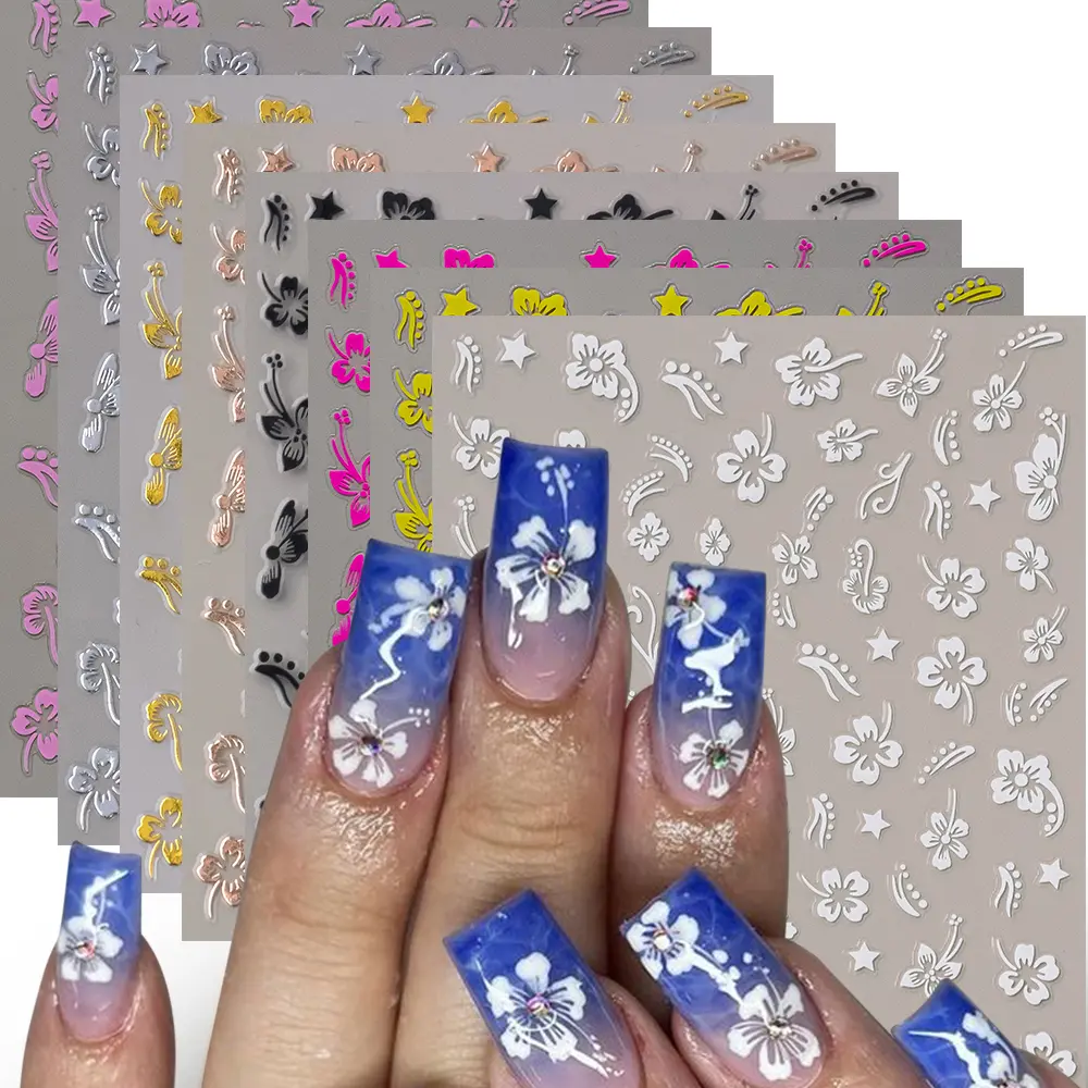 1pc 3D Hibiscus Flowers Nail Sticker White Black Flower Petals Adhesive Decals Pink Golden Floral Slider For Nail Art Decoration
