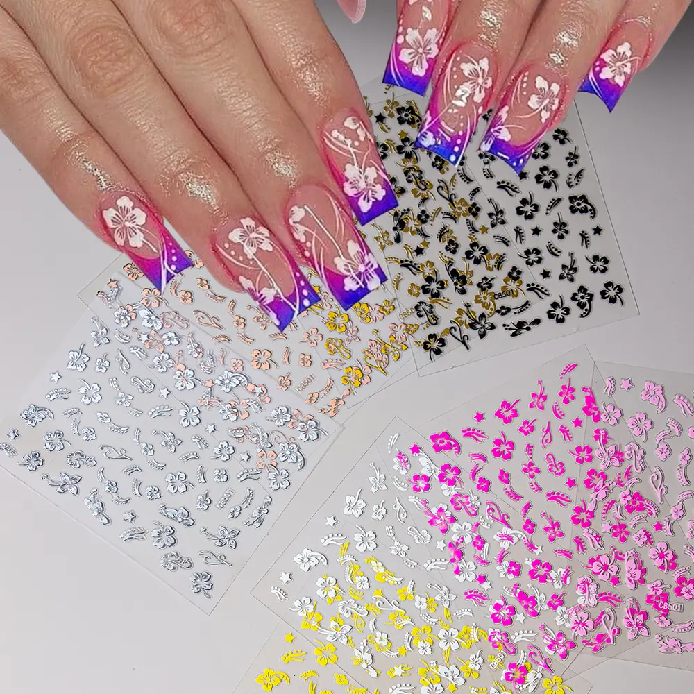 1pc 3D Hibiscus Flowers Nail Sticker White Black Flower Petals Adhesive Decals Pink Golden Floral Slider For Nail Art Decoration
