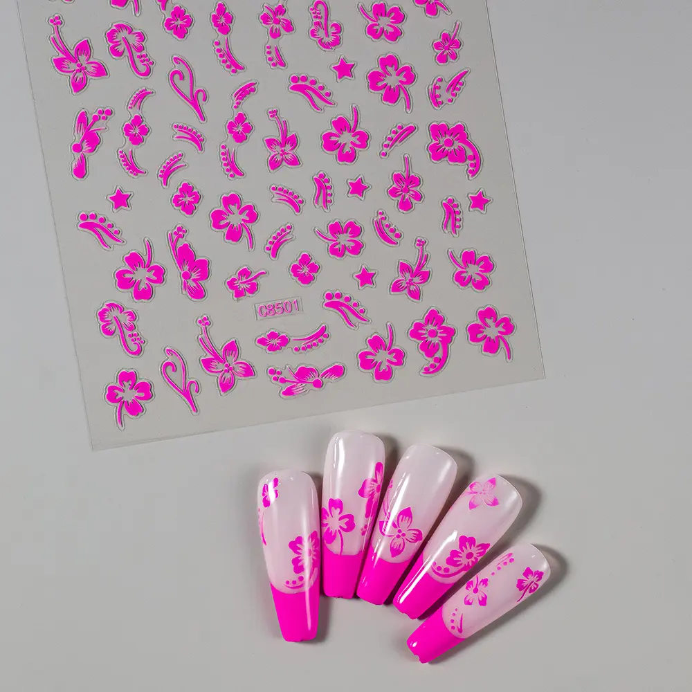 1pc 3D Hibiscus Flowers Nail Sticker White Black Flower Petals Adhesive Decals Pink Golden Floral Slider For Nail Art Decoration