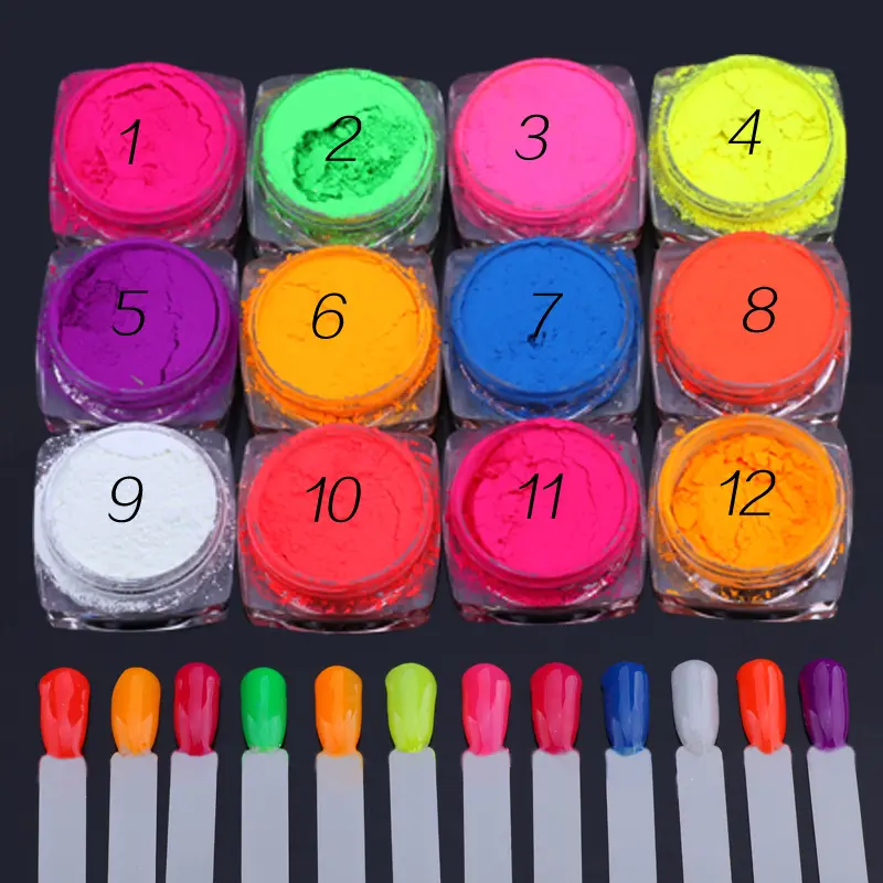 2013's Neon Phosphor Pigment Powder Set 12pcs Fluorescent Nail Glitter Chrome Pigment Gradient Effect Ombre Rubbing Neon Dust