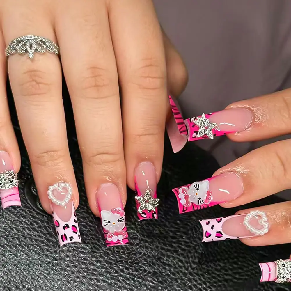 24Pcs Pink French Leopard Hello Kitty False nails 3D Y2k Star Heart Kitty Cat Rhinestones Press On Nails Cute Cartoon Fake Nails