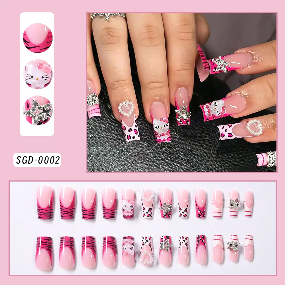 24Pcs Pink French Leopard Hello Kitty False nails 3D Y2k Star Heart Kitty Cat Rhinestones Press On Nails Cute Cartoon Fake Nails