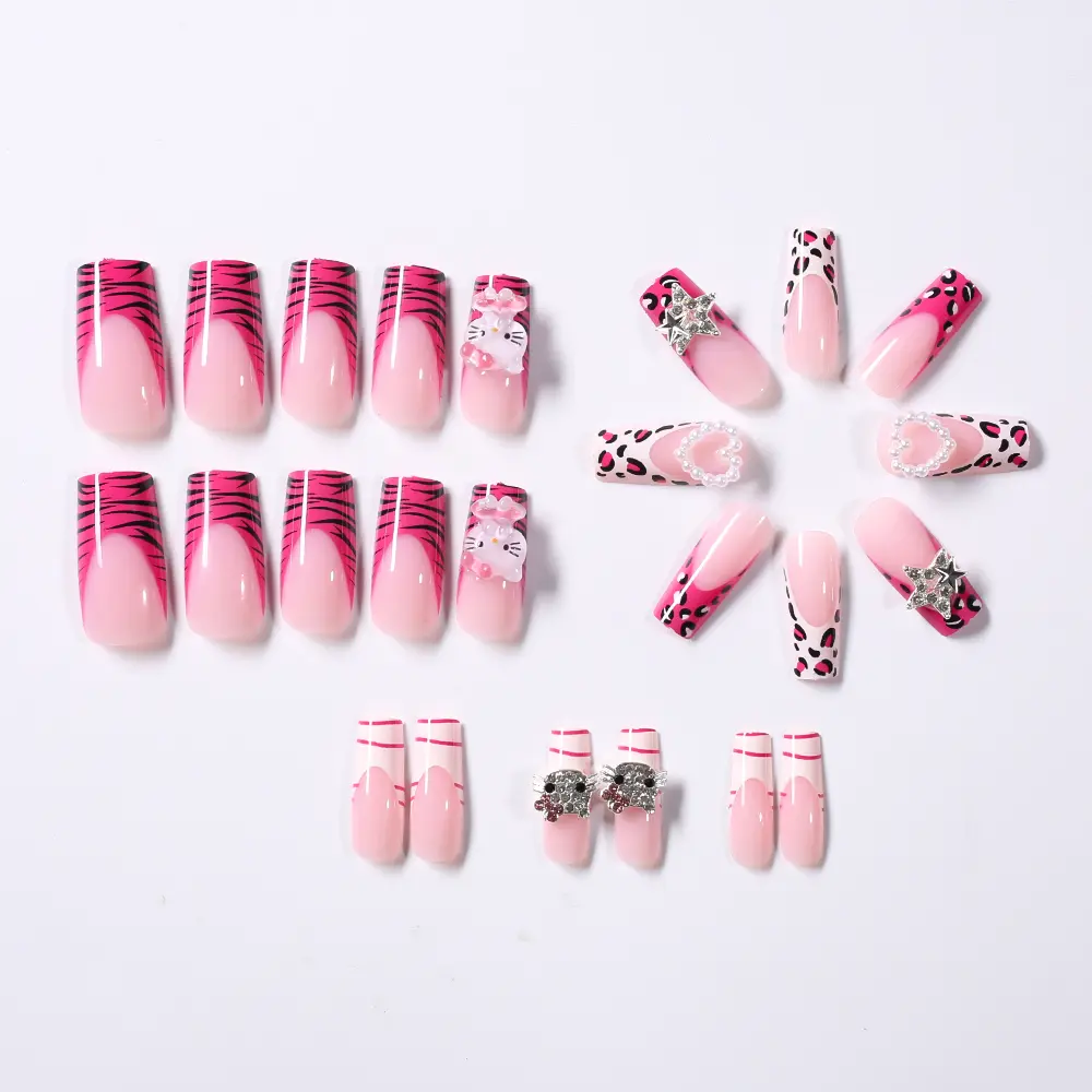24Pcs Pink French Leopard Hello Kitty False nails 3D Y2k Star Heart Kitty Cat Rhinestones Press On Nails Cute Cartoon Fake Nails