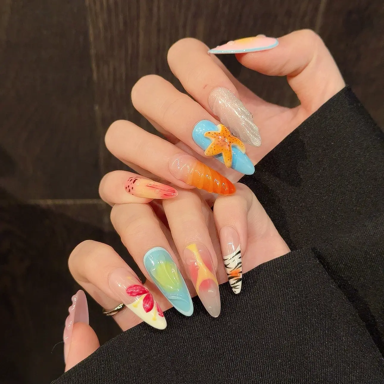 10pcs Handmade Designer's New 3D Starfish Fake Nail Gloss Relief Press on Nails French Long Fake Nail Wearable Press On Nail