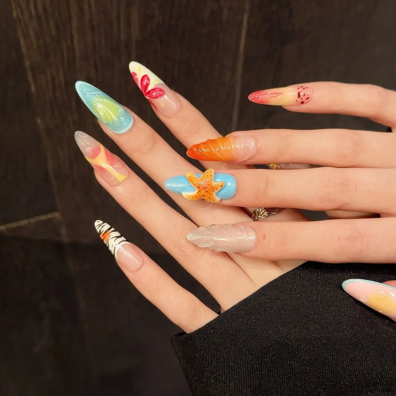10pcs Handmade Designer's New 3D Starfish Fake Nail Gloss Relief Press on Nails French Long Fake Nail Wearable Press On Nail