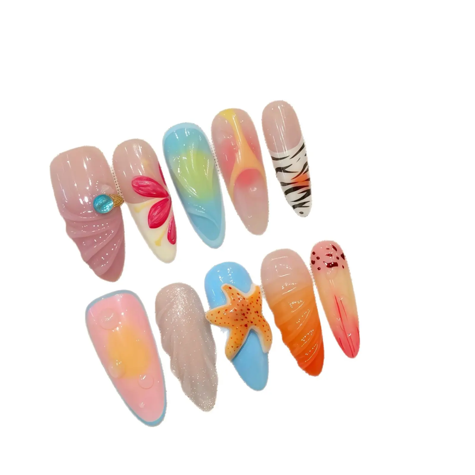 10pcs Handmade Designer's New 3D Starfish Fake Nail Gloss Relief Press on Nails French Long Fake Nail Wearable Press On Nail