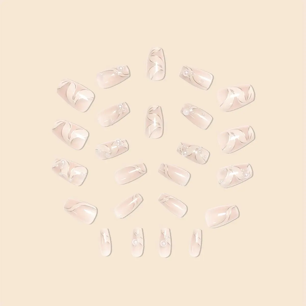 New Fashion Women Girls 24Pcs/Set Short Ballet French Pearl Ribbon Decoration Full Coverage Wearable Fake Nail Press on Nail Art