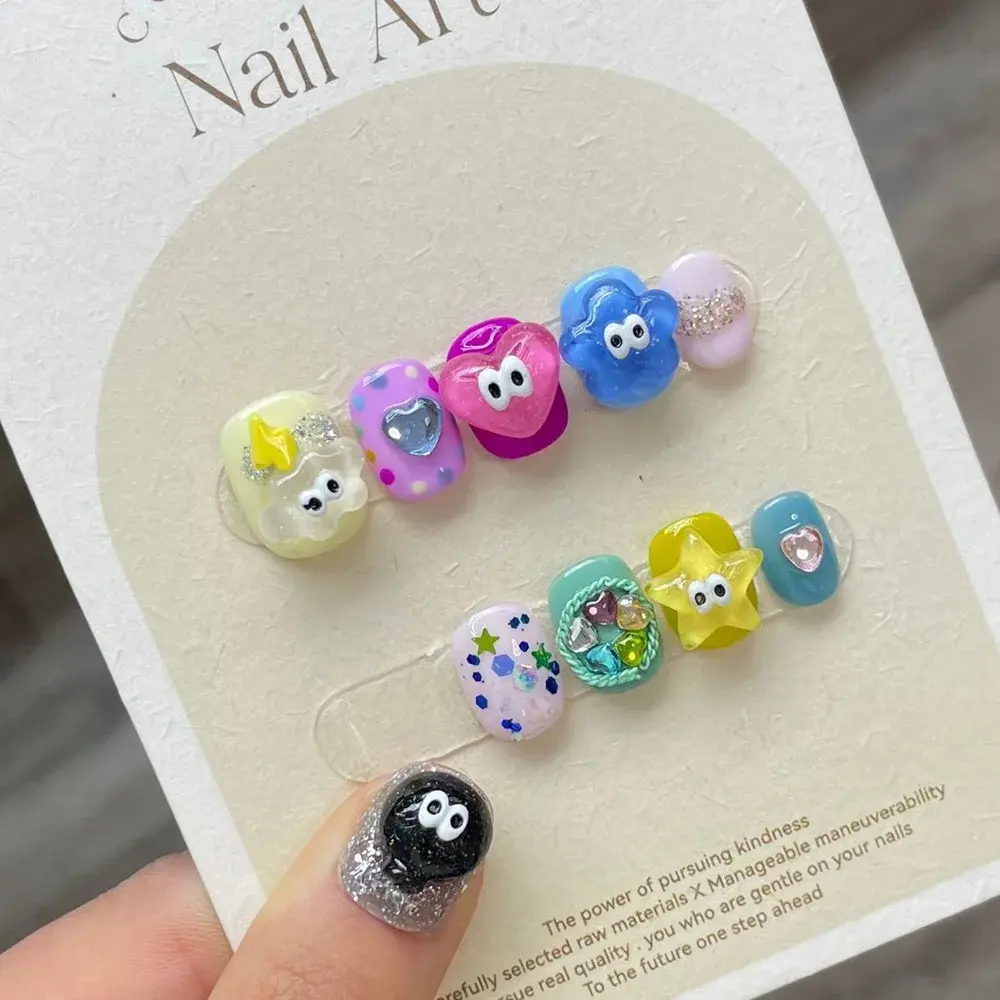 Handmade Kawaii Press on Nails Short Korean Cute Eyes Y2k Reusable Adhesive False Nails Artifical Acrylic Nail Tips Nail Art