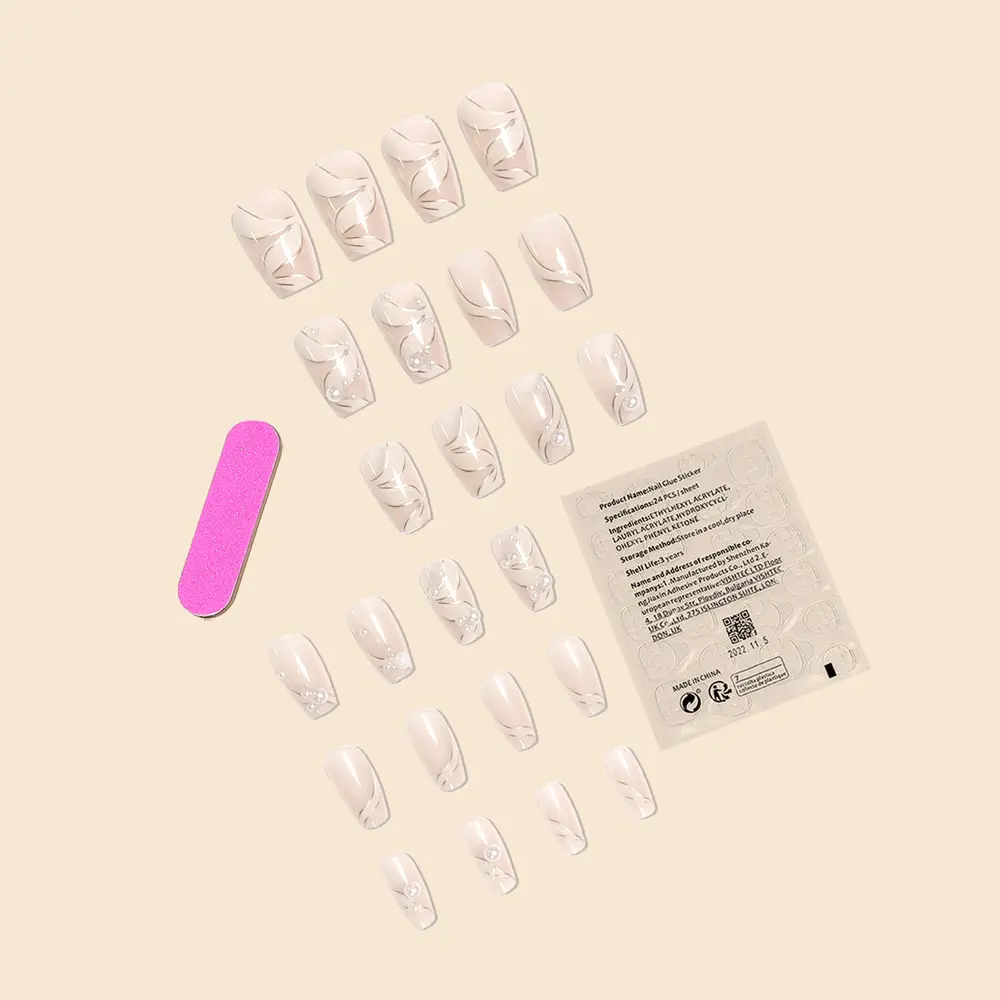 New Fashion Women Girls 24Pcs/Set Short Ballet French Pearl Ribbon Decoration Full Coverage Wearable Fake Nail Press on Nail Art
