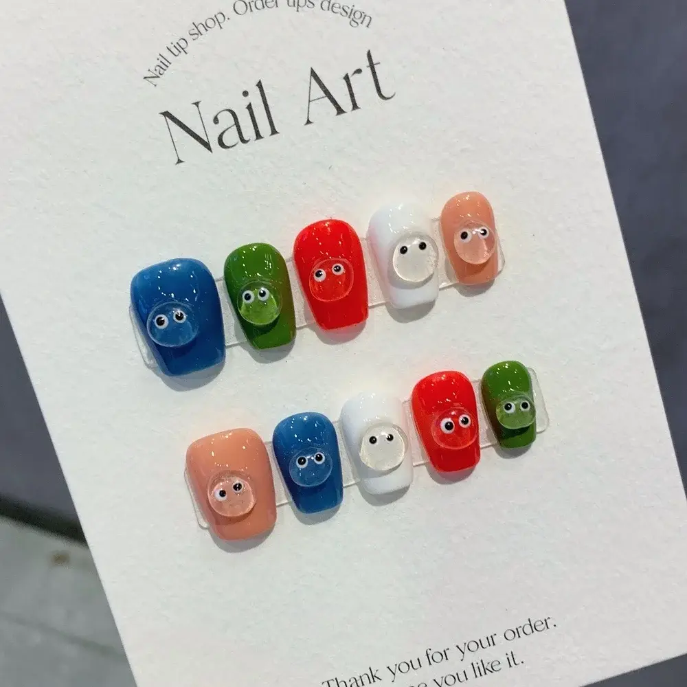 Handmade Kawaii Press on Nails Short Korean Cute Eyes Y2k Reusable Adhesive False Nails Artifical Acrylic Nail Tips Nail Art