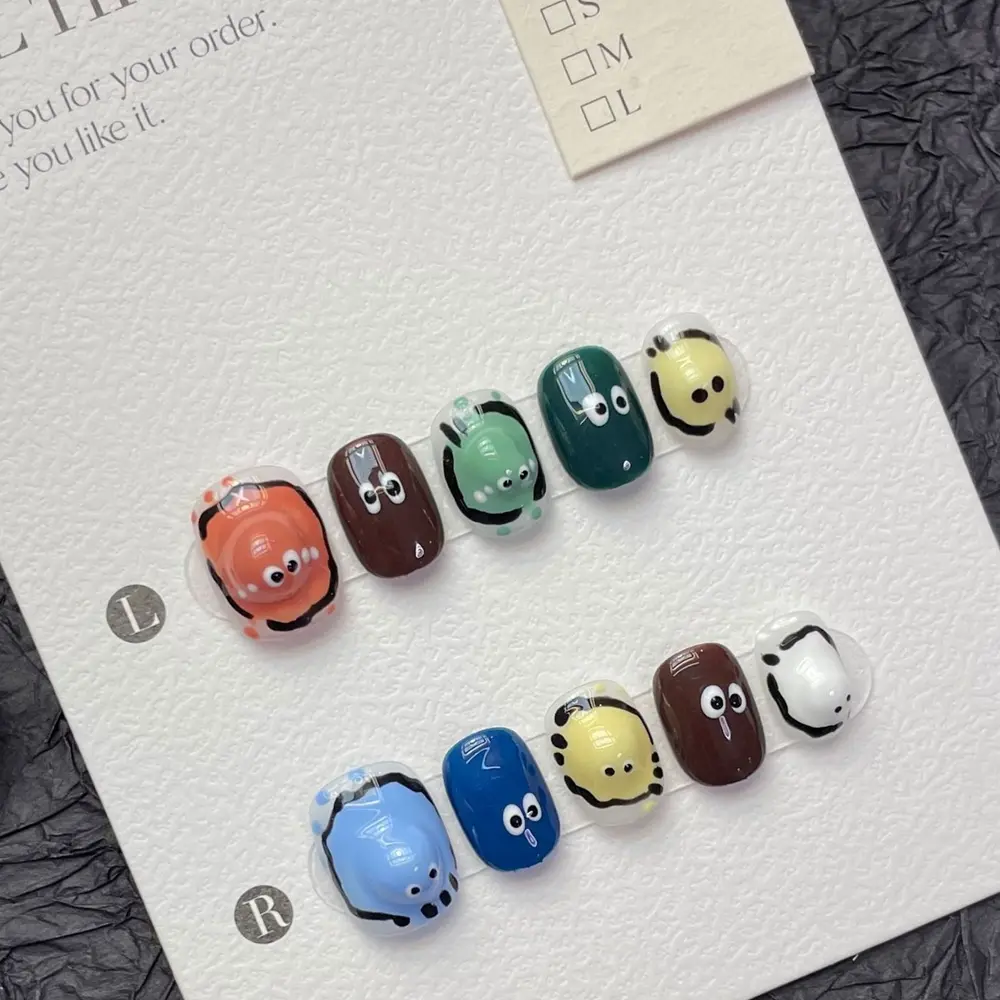 Handmade Kawaii Press on Nails Short Korean Cute Eyes Y2k Reusable Adhesive False Nails Artifical Acrylic Nail Tips Nail Art