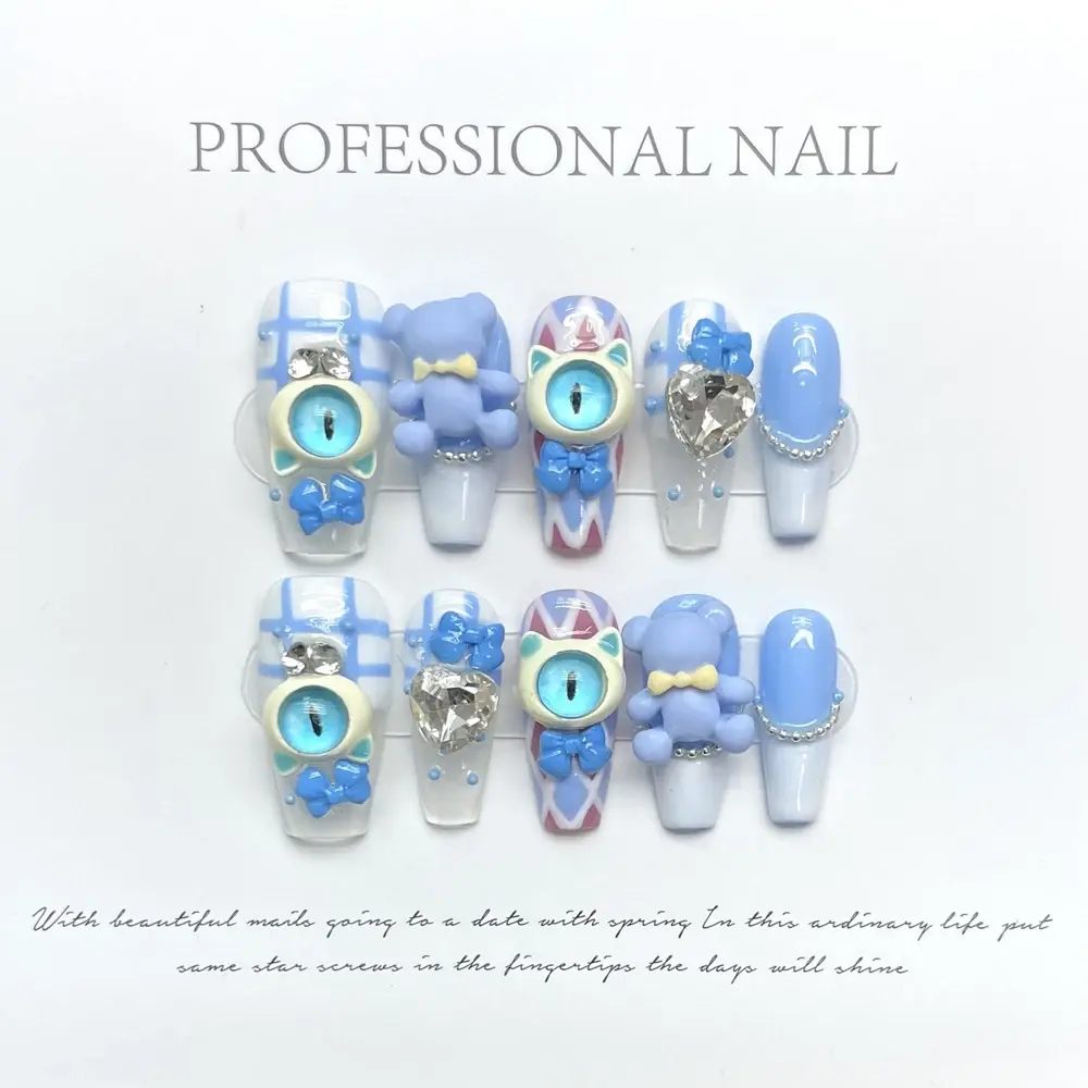 Handmade Kawaii Press on Nails Short Korean Cute Eyes Y2k Reusable Adhesive False Nails Artifical Acrylic Nail Tips Nail Art
