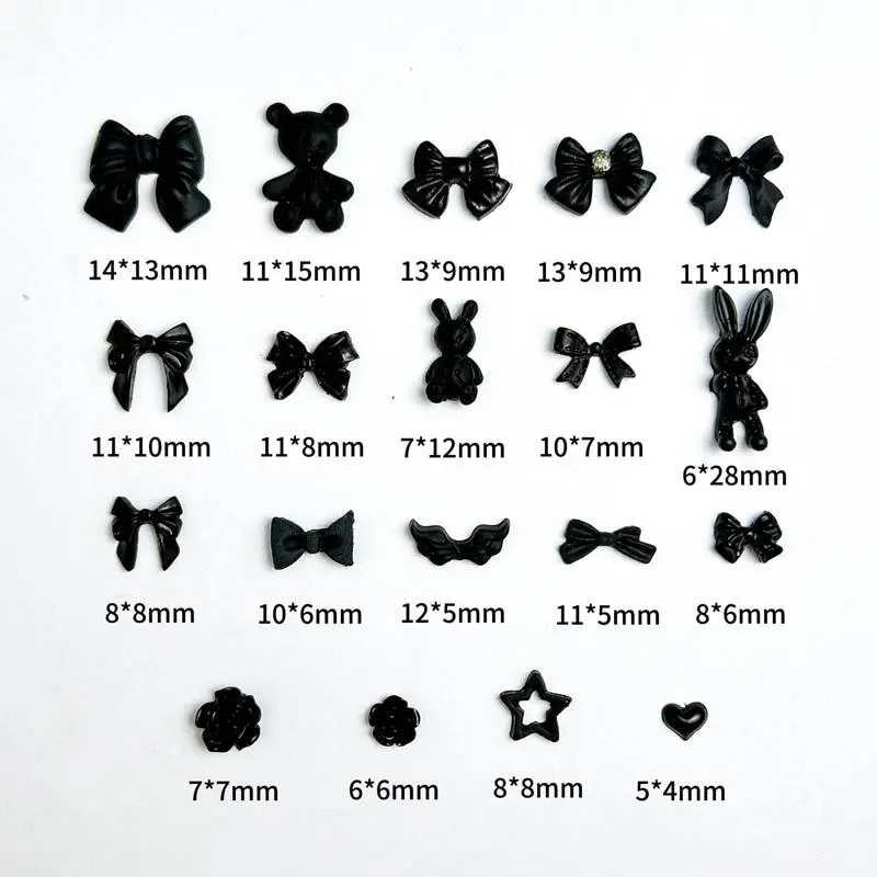 50PCS Random Mixed Black Bows Bear Nail Charms Resin Mini Heart Star Flower Nail Art Decorations Handmade DIY Press on Nails