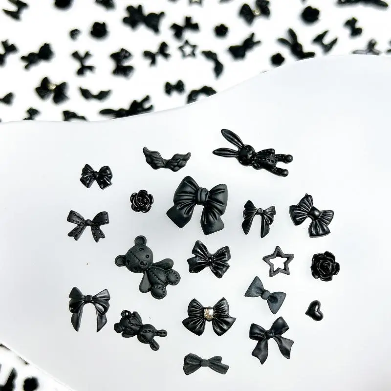 50PCS Random Mixed Black Bows Bear Nail Charms Resin Mini Heart Star Flower Nail Art Decorations Handmade DIY Press on Nails