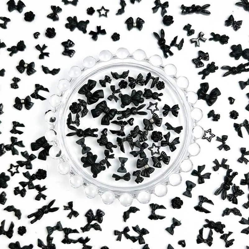 50PCS Random Mixed Black Bows Bear Nail Charms Resin Mini Heart Star Flower Nail Art Decorations Handmade DIY Press on Nails