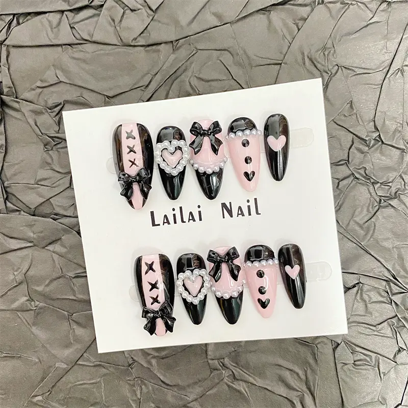 10Pcs Almond Handmade Press On Nails Middle Length Black Pink Color Fake Nails False Ballet Shoes Design Hearts Bows Decoration