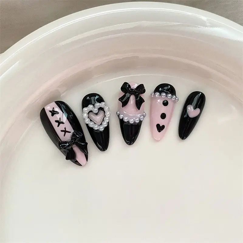 10Pcs Almond Handmade Press On Nails Middle Length Black Pink Color Fake Nails False Ballet Shoes Design Hearts Bows Decoration
