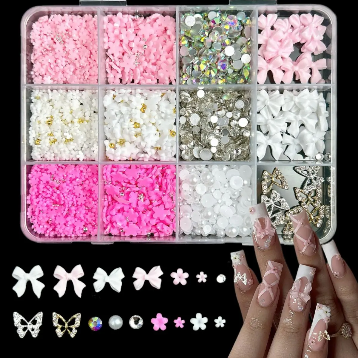 1Box 3D Resin Multi-Style Cookie Candy Bows Nail Art Accessories Colorful Flowers Pearls Nail Charms Supplies For DIY Crafts