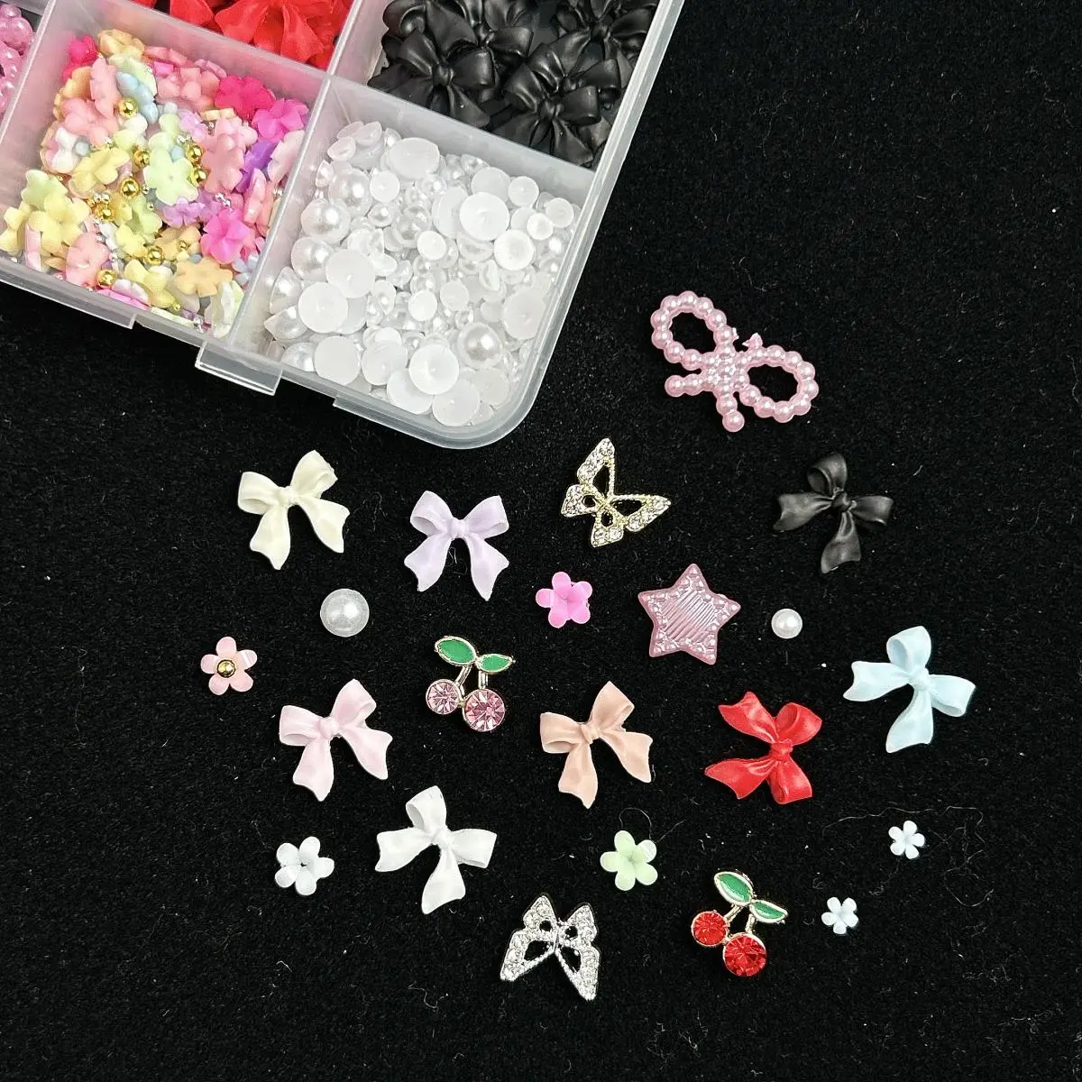 1Box 3D Resin Multi-Style Cookie Candy Bows Nail Art Accessories Colorful Flowers Pearls Nail Charms Supplies For DIY Crafts