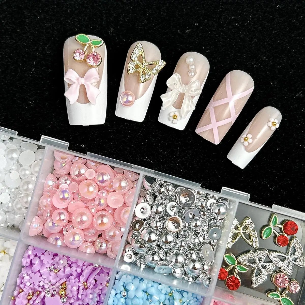 1Box 3D Resin Multi-Style Cookie Candy Bows Nail Art Accessories Colorful Flowers Pearls Nail Charms Supplies For DIY Crafts
