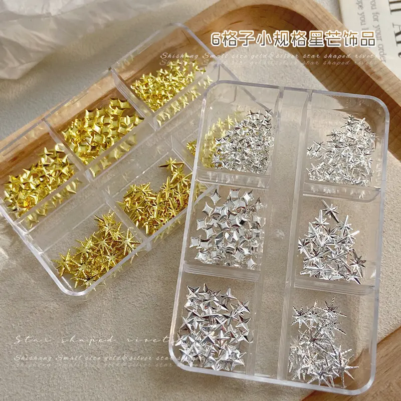 6 Grids Glossy Metallic Starlight Asterism Gold Silver Alloy Nail Art Rhinestones Decorations Manicure Rivets Studs Charms