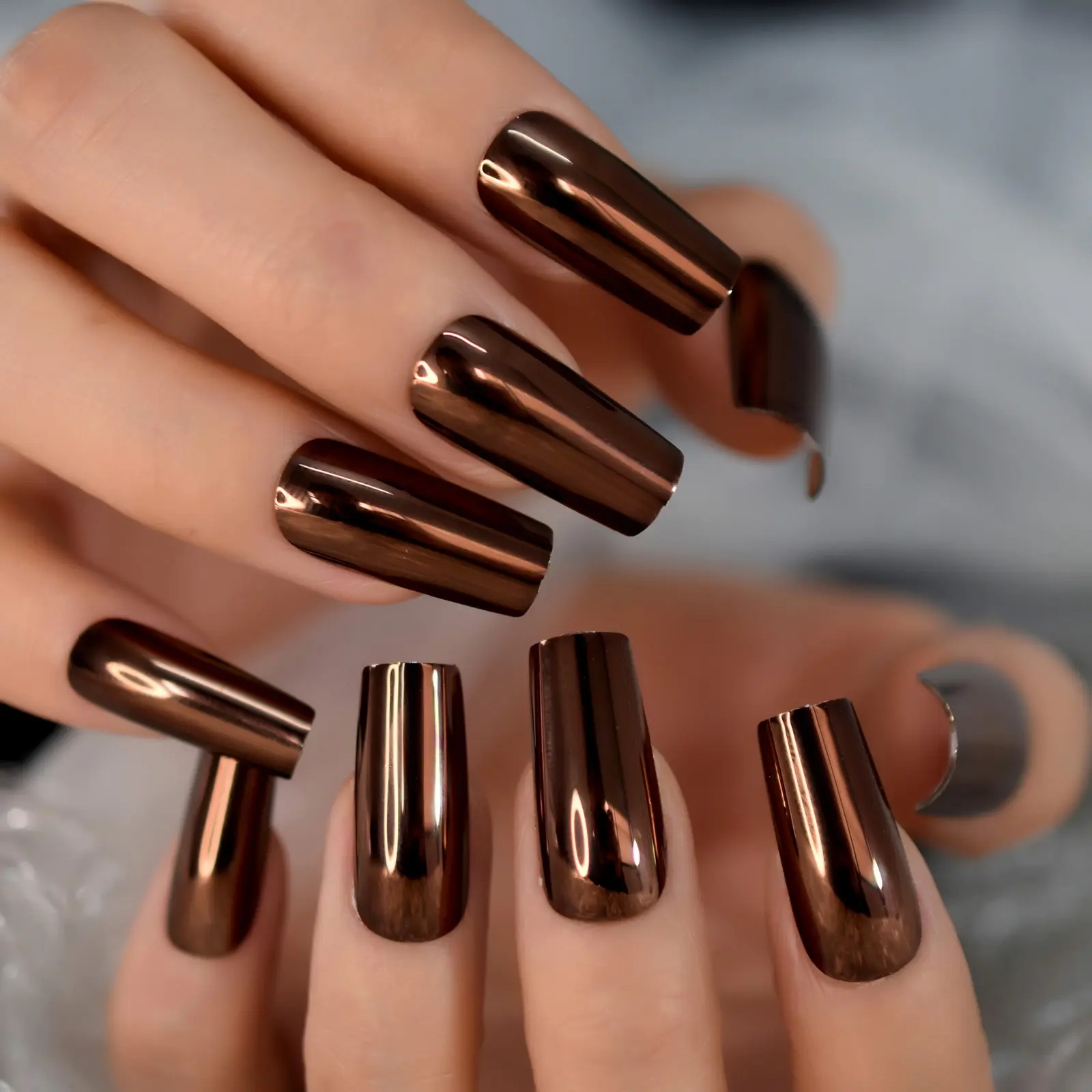 Medium Square Fingernails Dark Brown 5a2a14 Color Glossy Mirror Press On Fake Nails False Nails Fingernails Wholesale Manicure