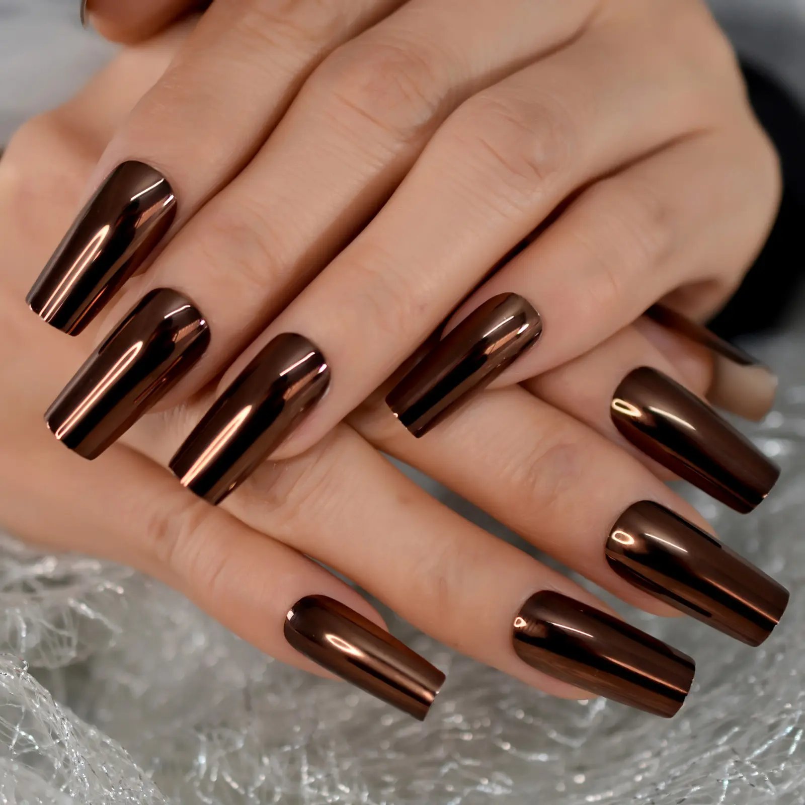 Medium Square Fingernails Dark Brown 5a2a14 Color Glossy Mirror Press On Fake Nails False Nails Fingernails Wholesale Manicure