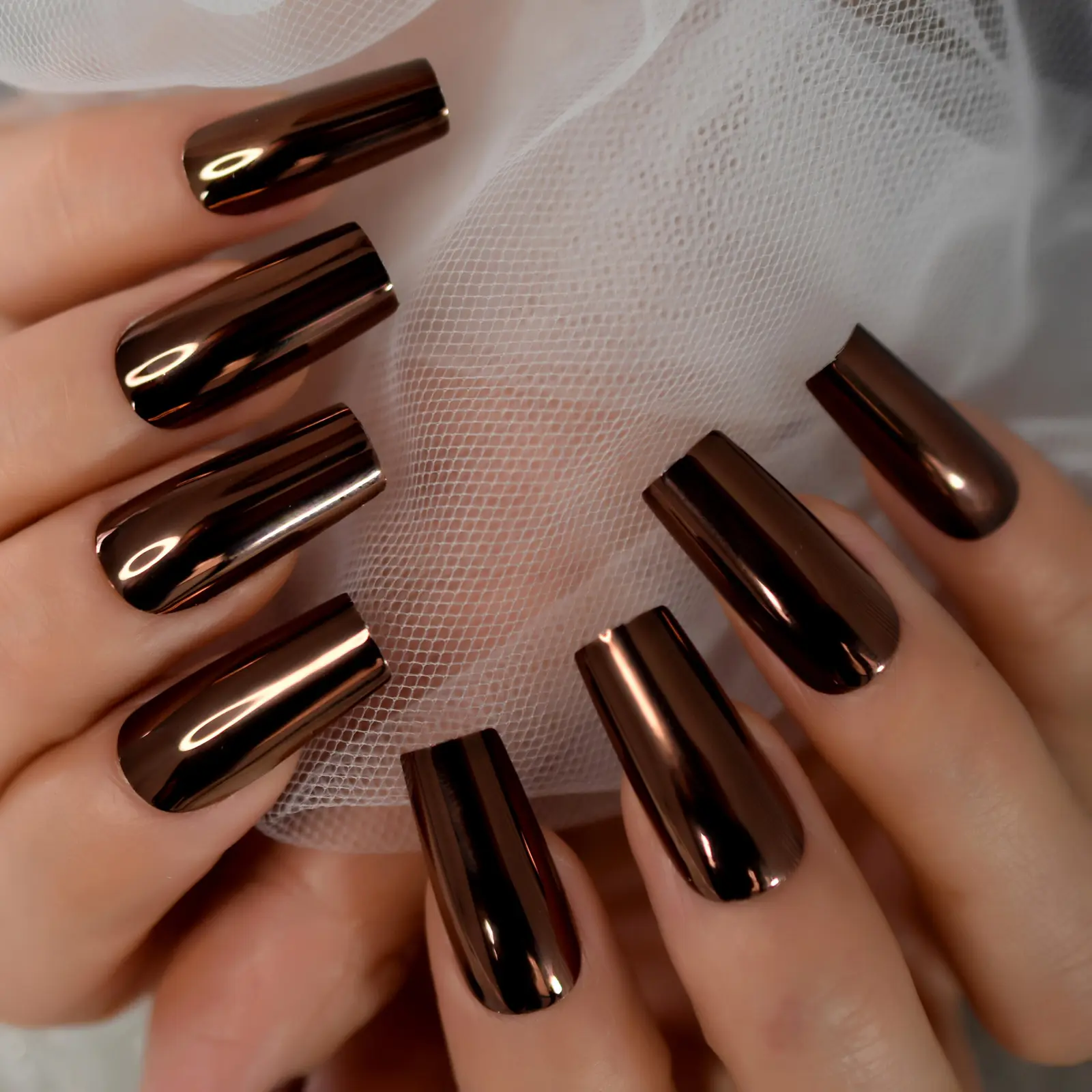 Medium Square Fingernails Dark Brown 5a2a14 Color Glossy Mirror Press On Fake Nails False Nails Fingernails Wholesale Manicure