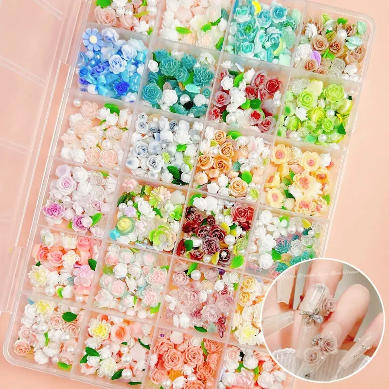 1Box Random Mixed Resin Camellia Butterfly Nail Charms Colorful Heart Rose Flowers Nail Art Decoration Accessories DIY Crafts