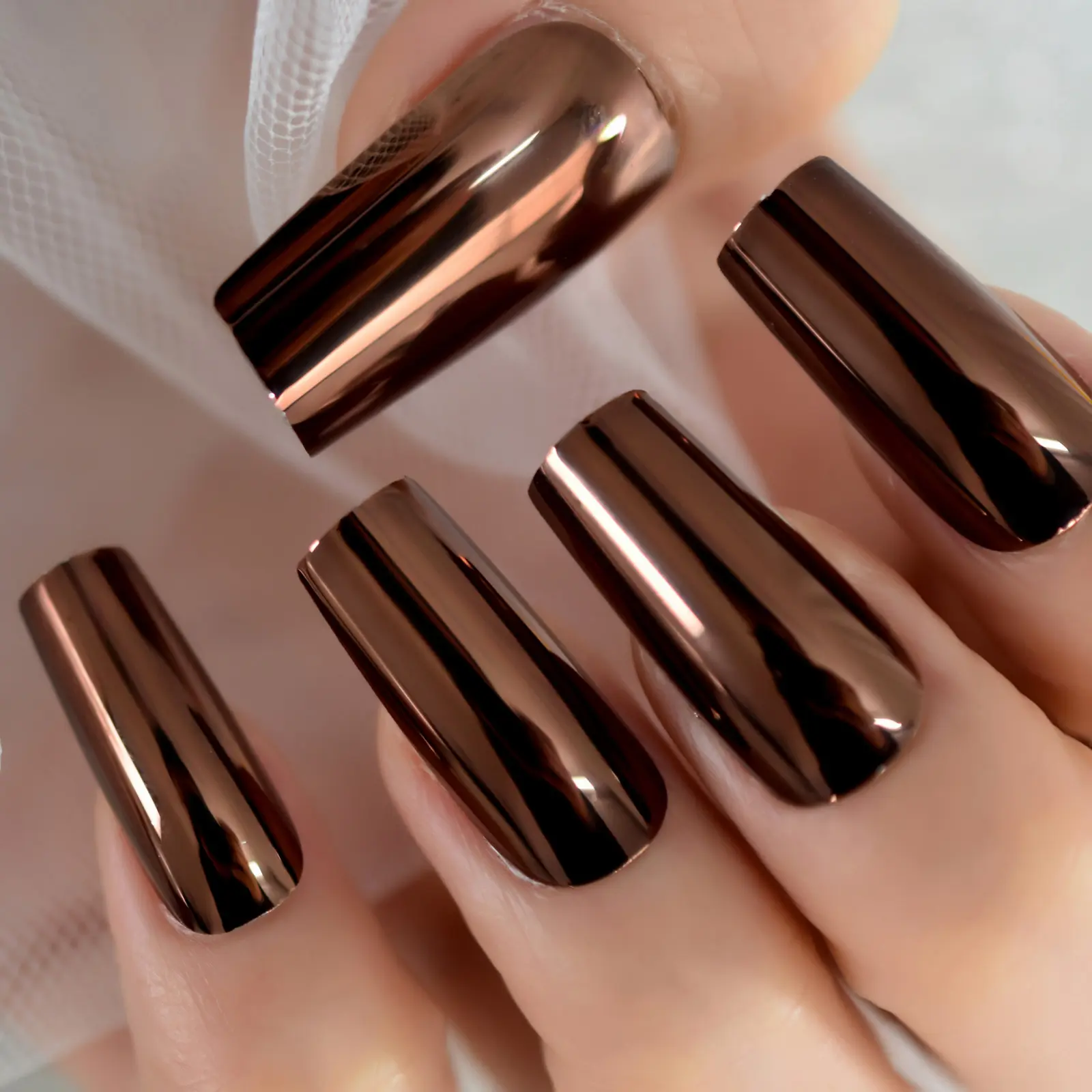 Medium Square Fingernails Dark Brown 5a2a14 Color Glossy Mirror Press On Fake Nails False Nails Fingernails Wholesale Manicure