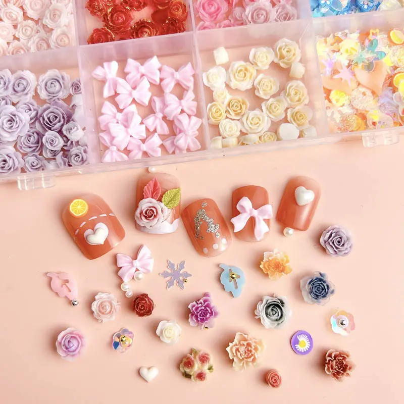 1Box Random Mixed Resin Camellia Butterfly Nail Charms Colorful Heart Rose Flowers Nail Art Decoration Accessories DIY Crafts