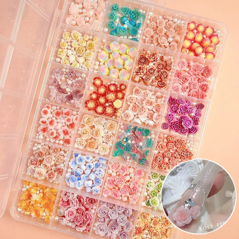 1Box Random Mixed Resin Camellia Butterfly Nail Charms Colorful Heart Rose Flowers Nail Art Decoration Accessories DIY Crafts