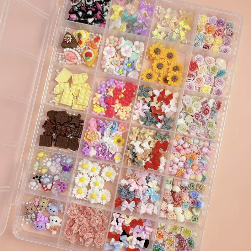 1Box Random Mixed Resin Camellia Butterfly Nail Charms Colorful Heart Rose Flowers Nail Art Decoration Accessories DIY Crafts
