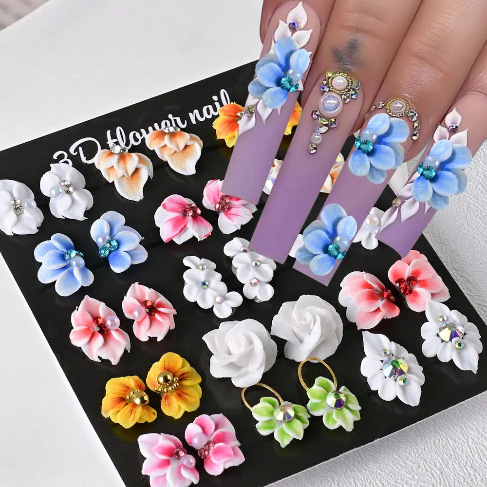 10/30PCS 3D Handmade Acrylic Carved Flower Nail Art Charms Pearl Rhinestone Sculpted Floral Jewelry Cherry Blossom Nail Supplies
