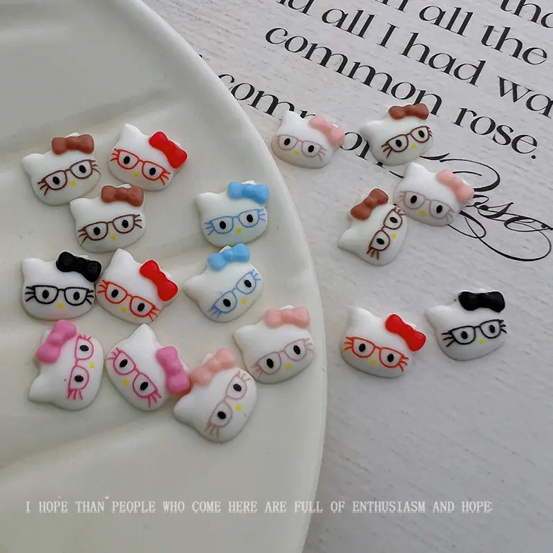 50Pcs 3D Glasses Hello Kitty Cat Cartoon Nail Art Charms Resin Cute Kitty Cat Nail Accessories DIY 6Colors Y2K Manicure Decors *