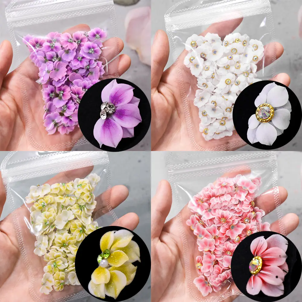10/30PCS 3D Handmade Acrylic Carved Flower Nail Art Charms Pearl Rhinestone Sculpted Floral Jewelry Cherry Blossom Nail Supplies