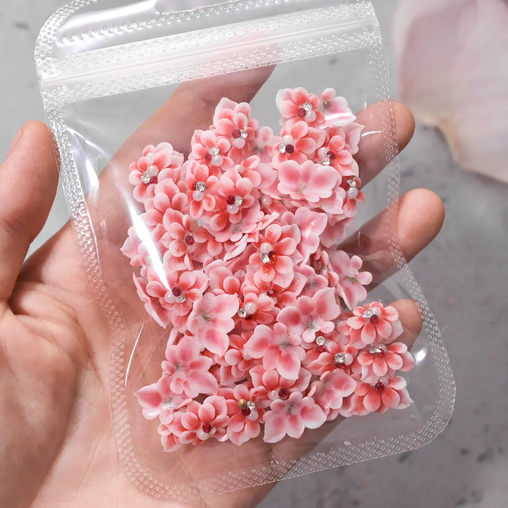 10/30PCS 3D Handmade Acrylic Carved Flower Nail Art Charms Pearl Rhinestone Sculpted Floral Jewelry Cherry Blossom Nail Supplies